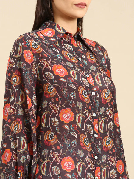 Brown Floral Printed Muslin Shirt - ASST079