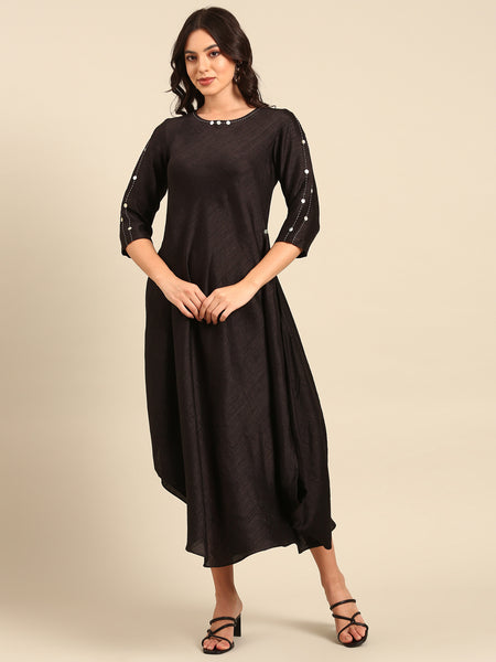Black Silk Cotton Slub Dress - AS0488