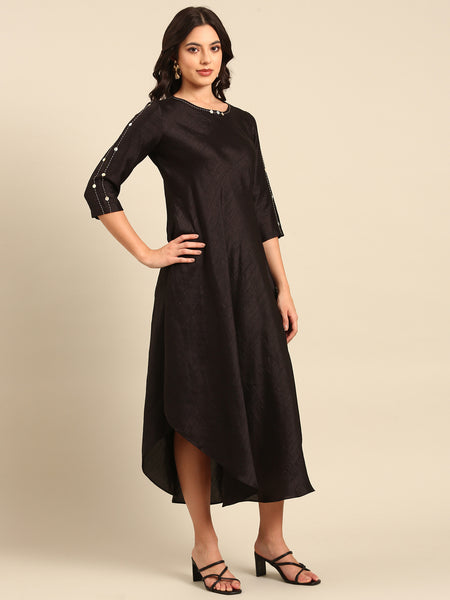 Black Silk Cotton Slub Dress - AS0488