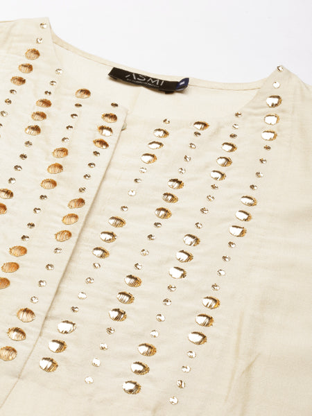 Beige Mukesh Silk Cotton Dress - AS0505