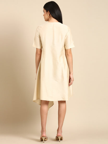 Beige Mukesh Silk Cotton Dress - AS0505
