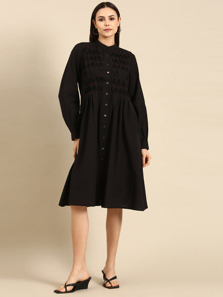 Women's Designer Clothes - Black Smock Dress