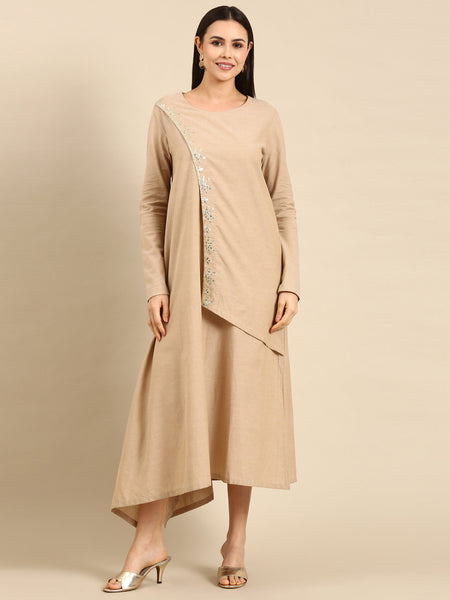 Beige Cotton Assymetric Dress - AS0642