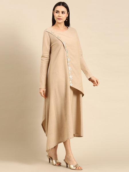 Beige Cotton Assymetric Dress - AS0642