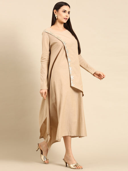 Beige Cotton Assymetric Dress - AS0642