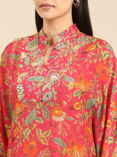 muslin summer kaftan dress - pink print with embroidered neck