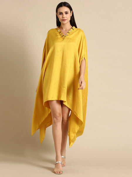 Yellow Slub Silk Summer Kaftan Dress - AS0658