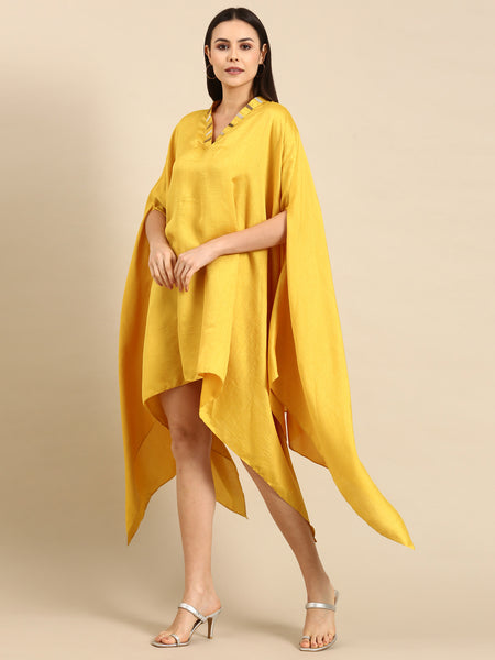 Yellow Slub Silk Summer Kaftan Dress - AS0658