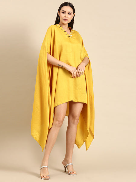 Yellow Slub Silk Summer Kaftan Dress - AS0658
