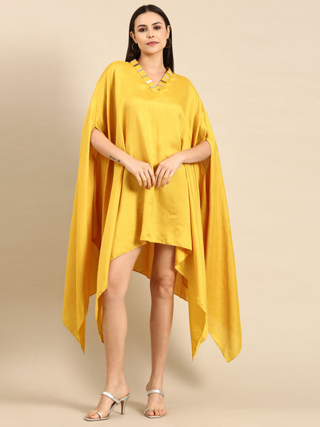 Summer yellow kaftan dress with minimalist neck detailing in slub silk material