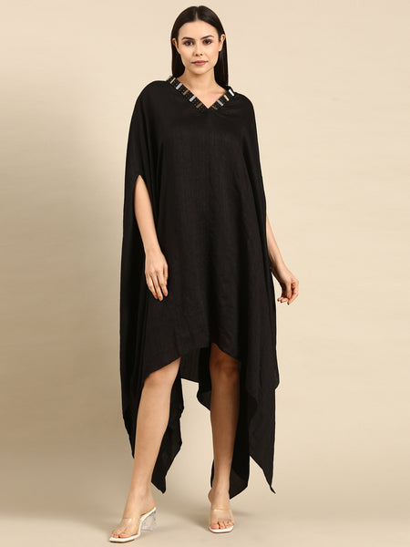 Black Slub Silk Kaftan Dress - AS0659