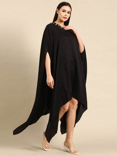 Black Slub Silk Kaftan Dress - AS0659