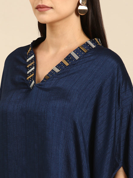Blue Slub Silk Women's Kaftan Dress - AS0660