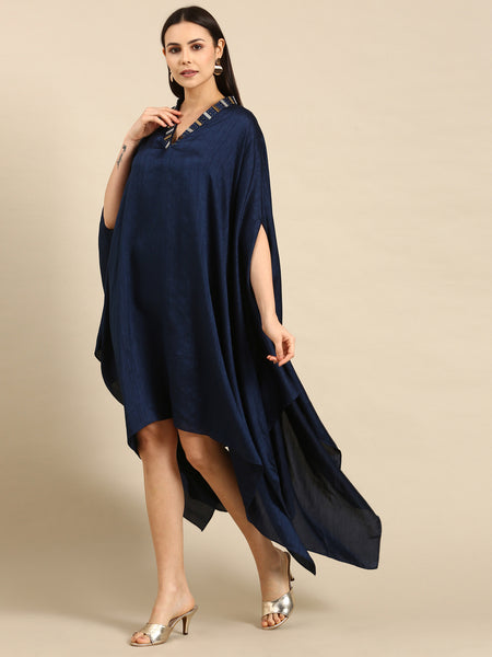 Blue Slub Silk Women's Kaftan Dress - AS0660