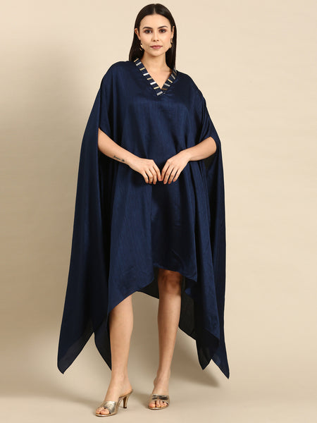 Blue Slub Silk Women's Kaftan Dress - AS0660