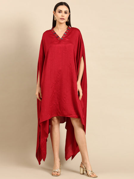 Red Slub Silk Kaftan Mullet Dress - AS0661