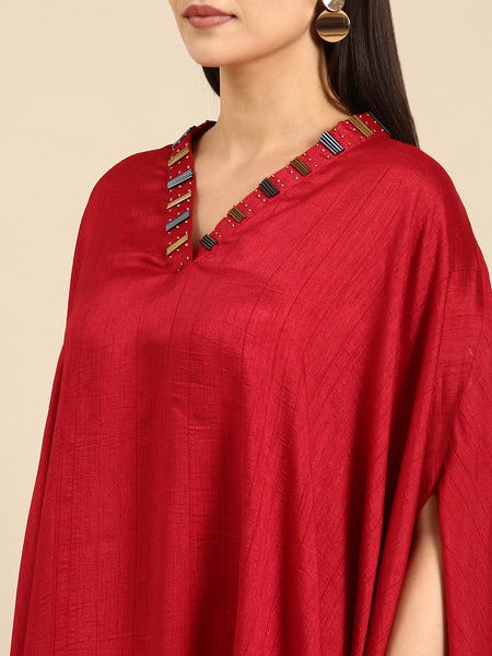 Red Slub Silk Kaftan Mullet Dress - AS0661