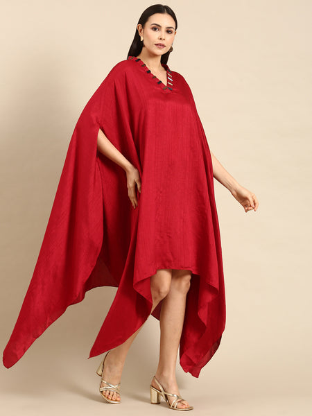 Red Slub Silk Kaftan Mullet Dress - AS0661