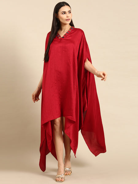 Red Slub Silk Kaftan Mullet Dress - AS0661