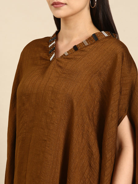 Brown Slub Silk Kaftan Dress - AS0662