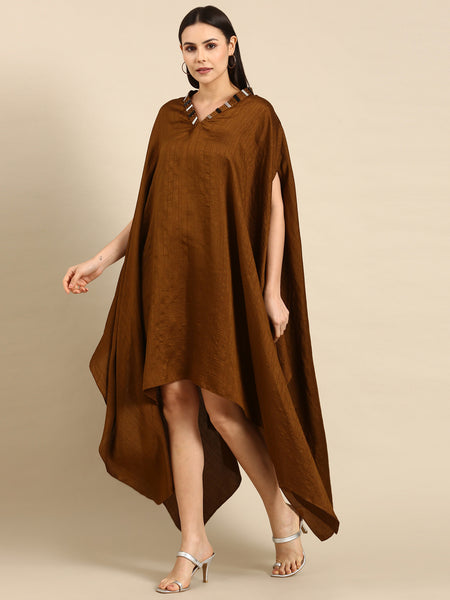 Brown Slub Silk Kaftan Dress - AS0662