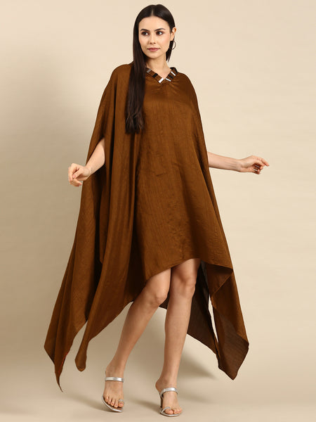 Brown Slub Silk Kaftan Dress - AS0662