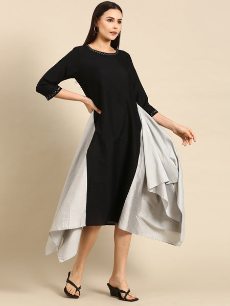 Black Cotton Silk Panel Dress - AS0663