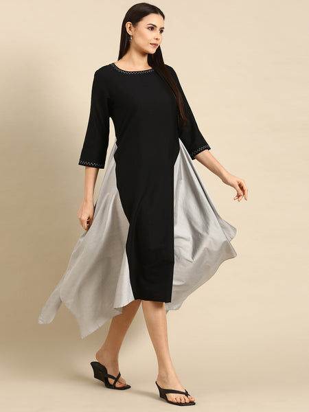 Black Cotton Silk Panel Dress - AS0663