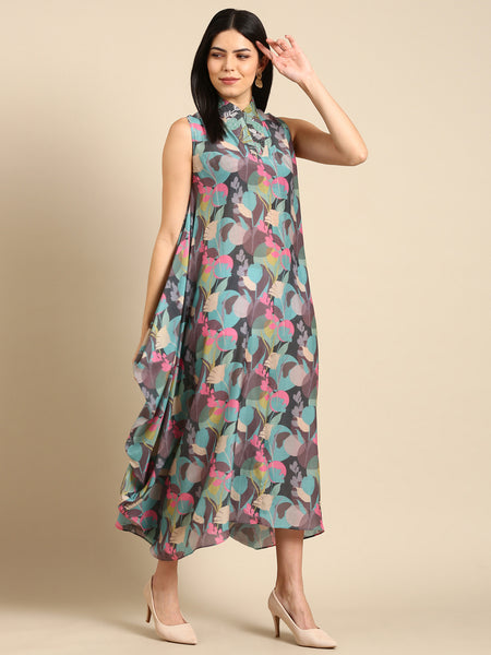 Blue Grey Muslin Digital Print Dress - AS0666