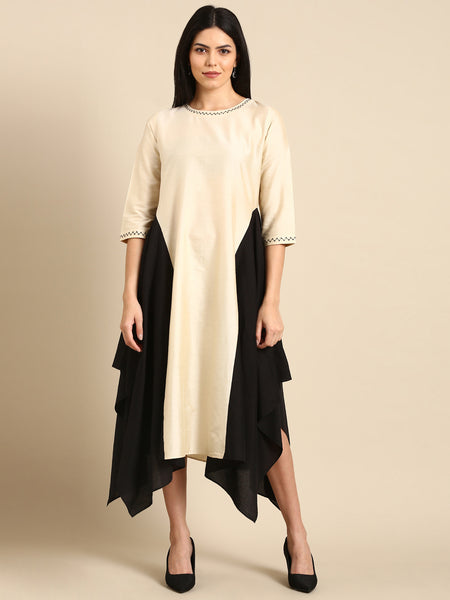 Beige Cotton Silk Panel Dress - AS0668