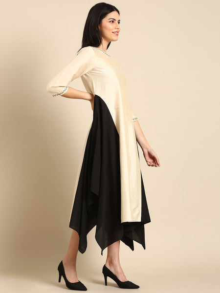 Beige Cotton Silk Panel Dress - AS0668