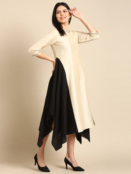 Beige Cotton Silk Panel Dress - AS0668