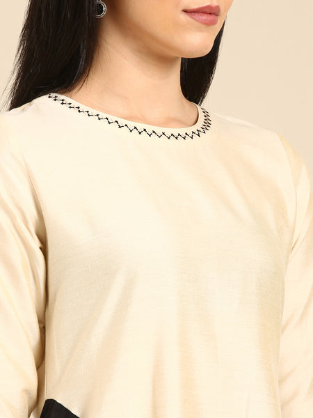 Beige Cotton Silk Panel Dress - AS0668