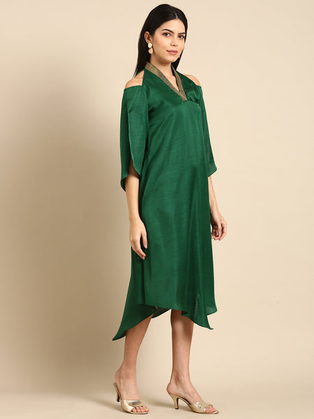 Bottle Green Slub Silk Dress - AS0671