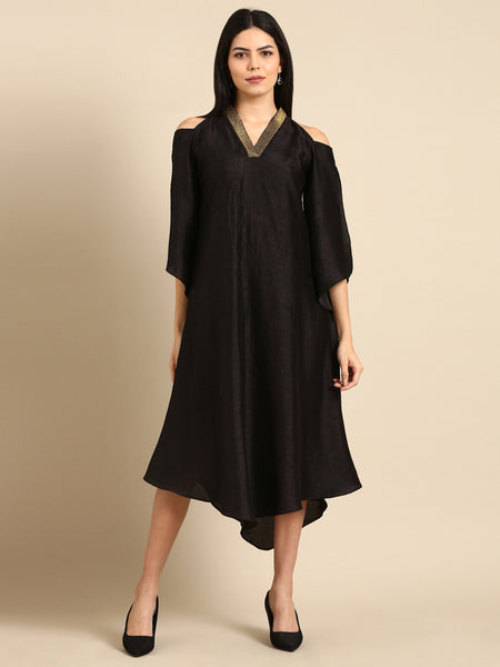 Black Slub Silk Dress - AS0673