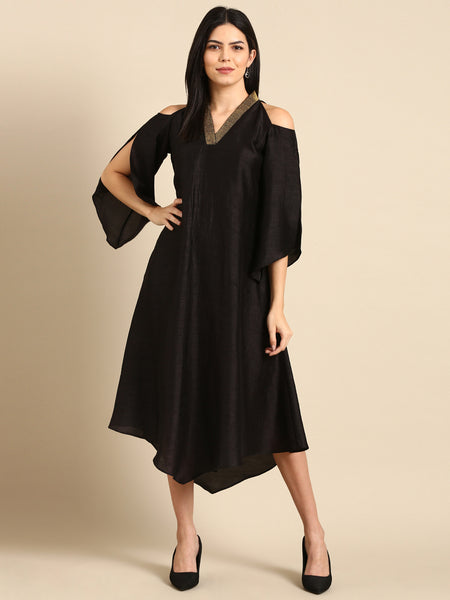 Black Slub Silk Dress - AS0673