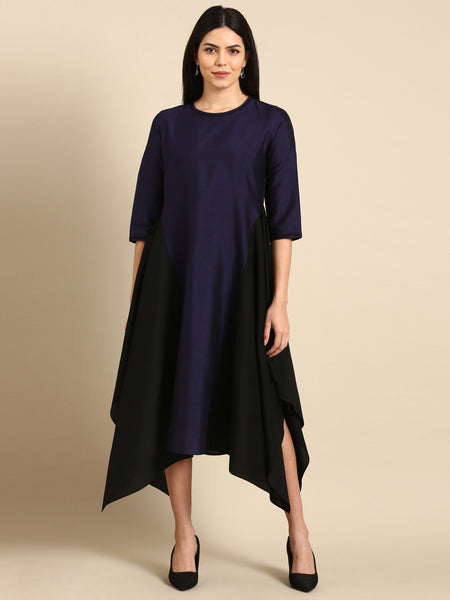 Blue Black Cotton Silk Panel Dress - AS0675
