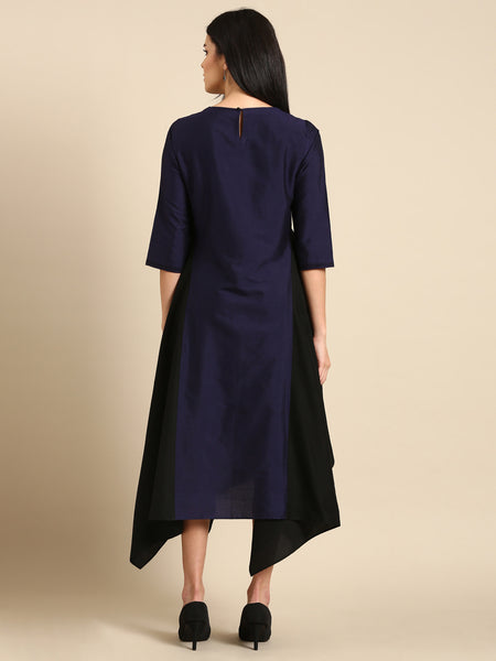 Blue Black Cotton Silk Panel Dress - AS0675