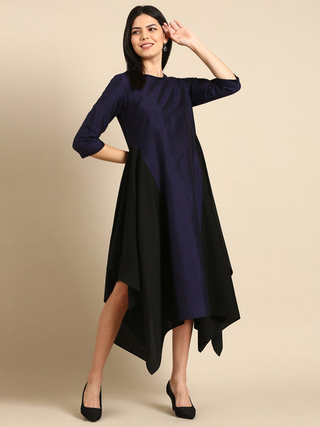 Blue Black Cotton Silk Panel Dress - AS0675