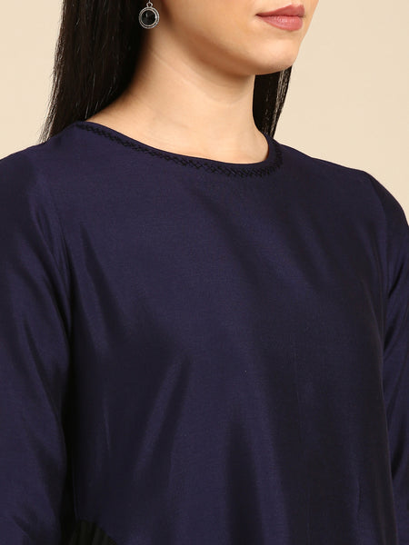 Blue Black Cotton Silk Panel Dress - AS0675