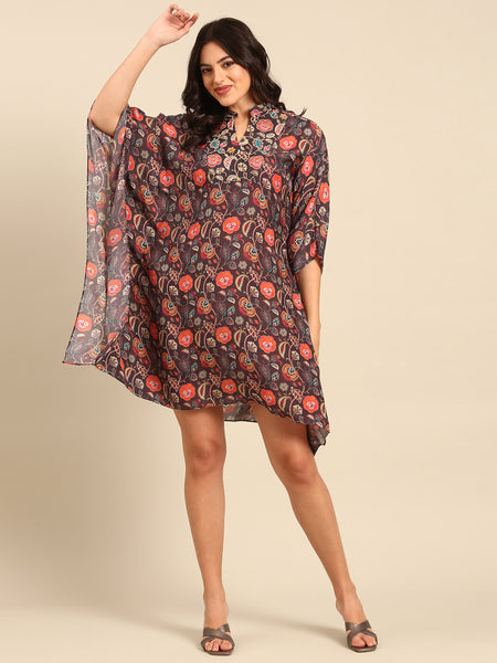 kaftan dress for women - wine coloured printed muslin