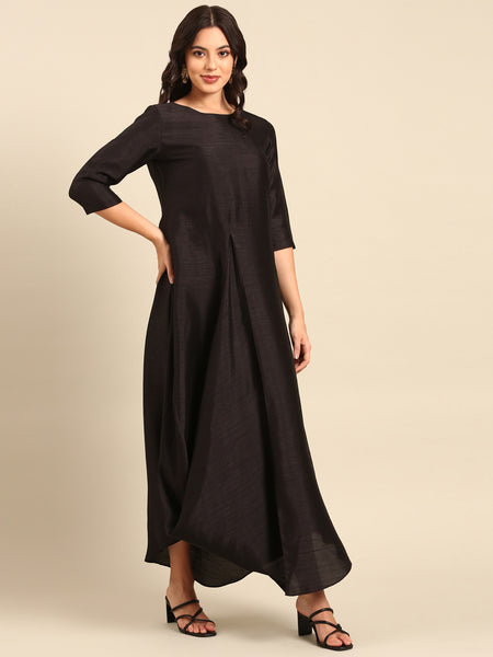 Black Silk Cotton Slub Dress - AS0690