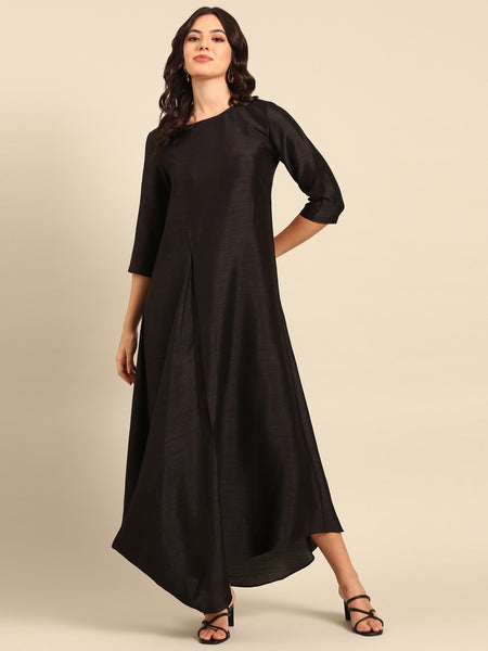 Black Silk Cotton Slub Dress - AS0690