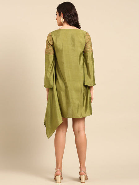 Green Linen Satin Dress - AS0700