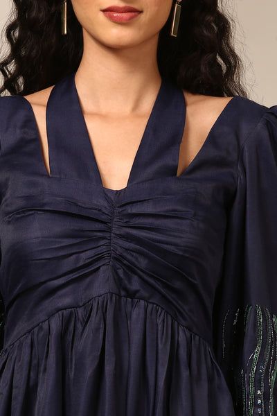 Blue Linen Satin Dress  - AS0725