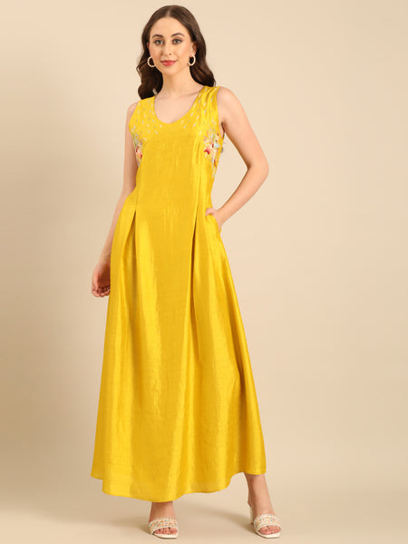 Yellow Bemberg Silk Sleeveless Dress  - AS0729