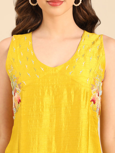 Yellow Bemberg Silk Sleeveless Dress  - AS0729
