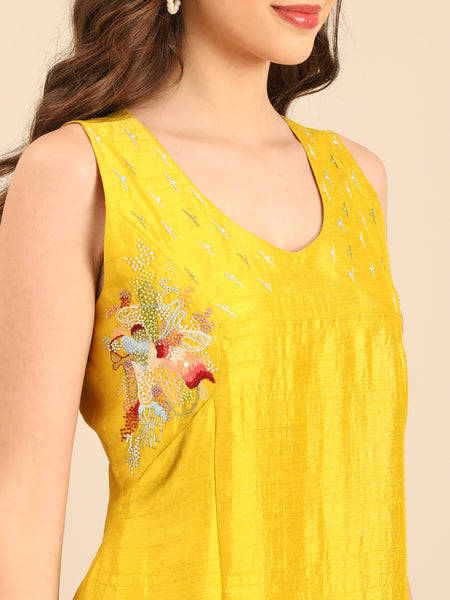 Yellow Bemberg Silk Sleeveless Dress  - AS0729