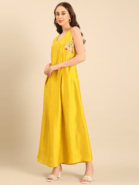 Yellow Bemberg Silk Sleeveless Dress  - AS0729