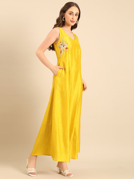 Yellow Bemberg Silk Sleeveless Dress  - AS0729